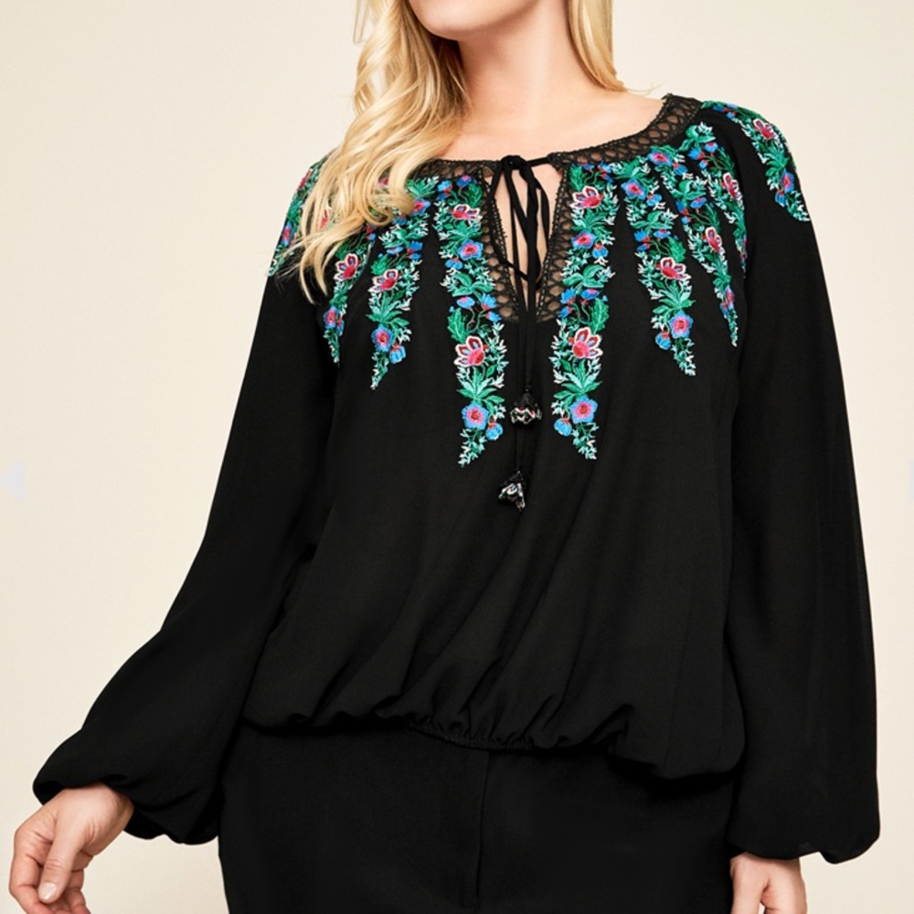 Tadashi Shoji Embroidered Black Top